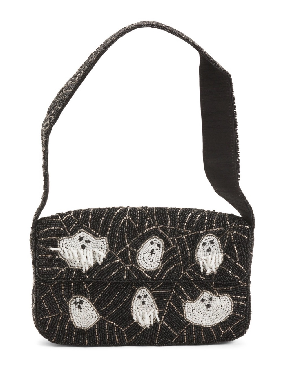 Black Beaded Ghost Motif Shoulder Bag